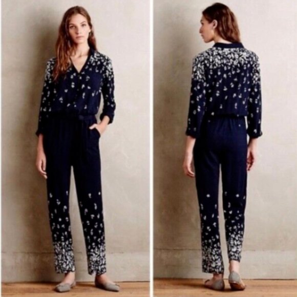 Lilka Anthropologie Size S Navy Blue Floral LAKESHORE Long Sleeve Jumpsuit - Picture 2 of 5